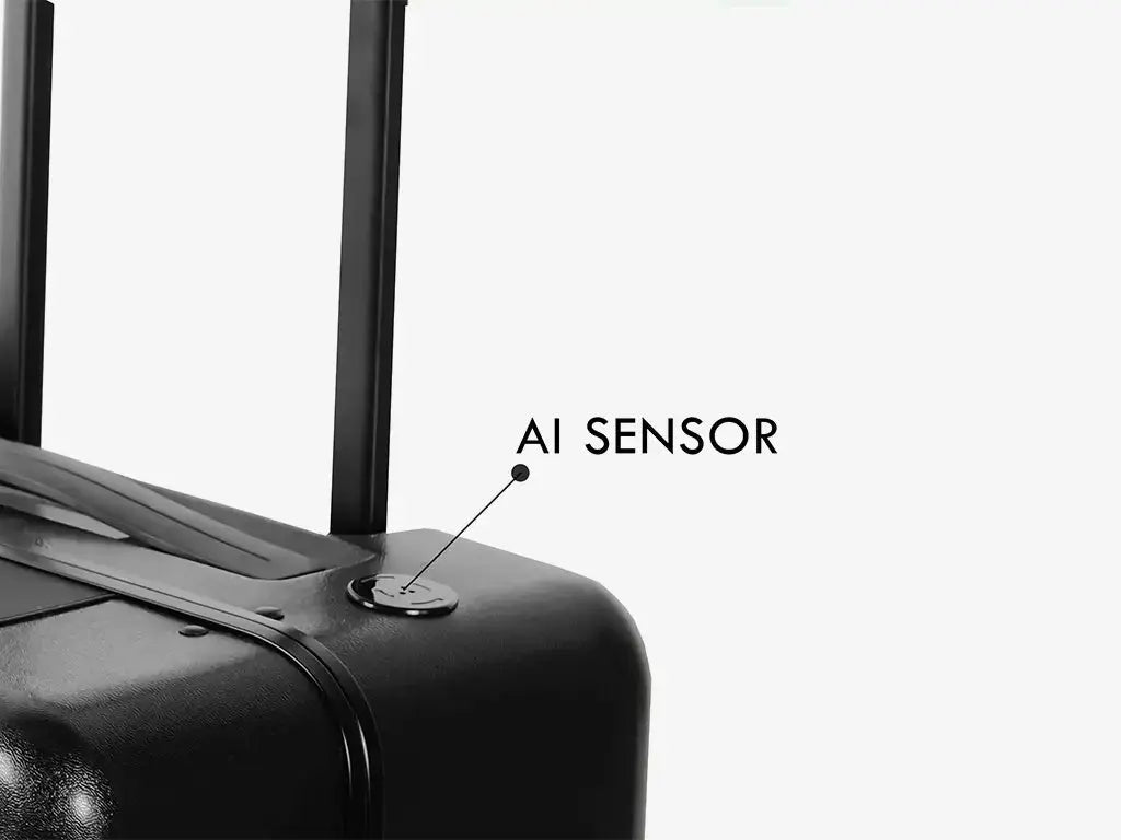 Side View of Black Self-Following Luggage with AI Sensors and Rideable Design