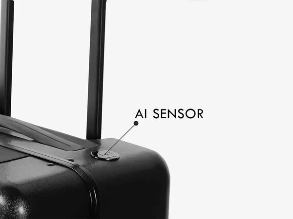 Side View of Black Self-Following Luggage with AI Sensors and Rideable Design