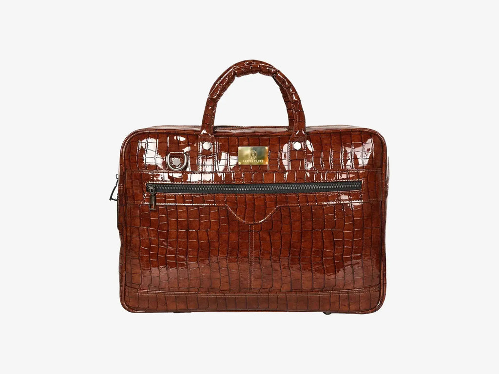Luxury Brown Crocodile Pattern Business Bag with Biometric Lock System