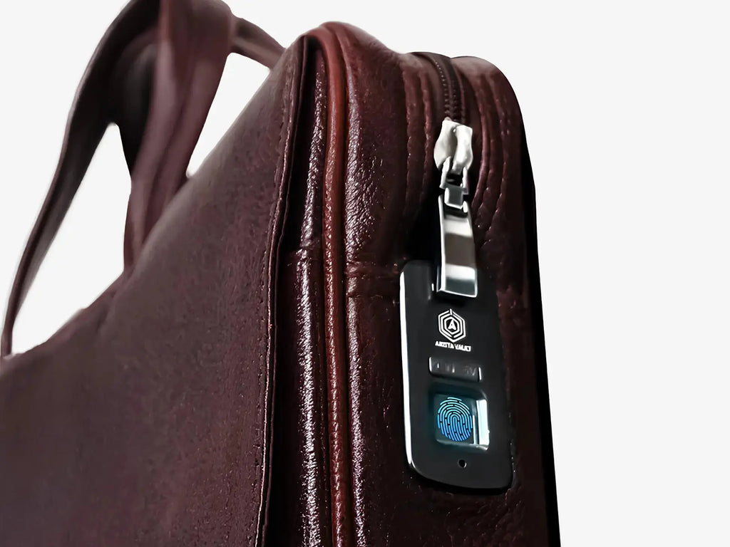 Side Profile of Brown Leather Fingerlock Bag Showing Sleek Design and Smart Lock Technology