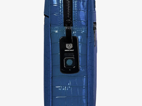 Side View of Royal Blue Croc Textured Laptop Bag Showing Luxury Pattern and Hardware
