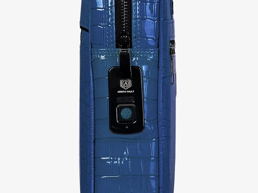 Side View of Royal Blue Croc Textured Laptop Bag Showing Luxury Pattern and Hardware
