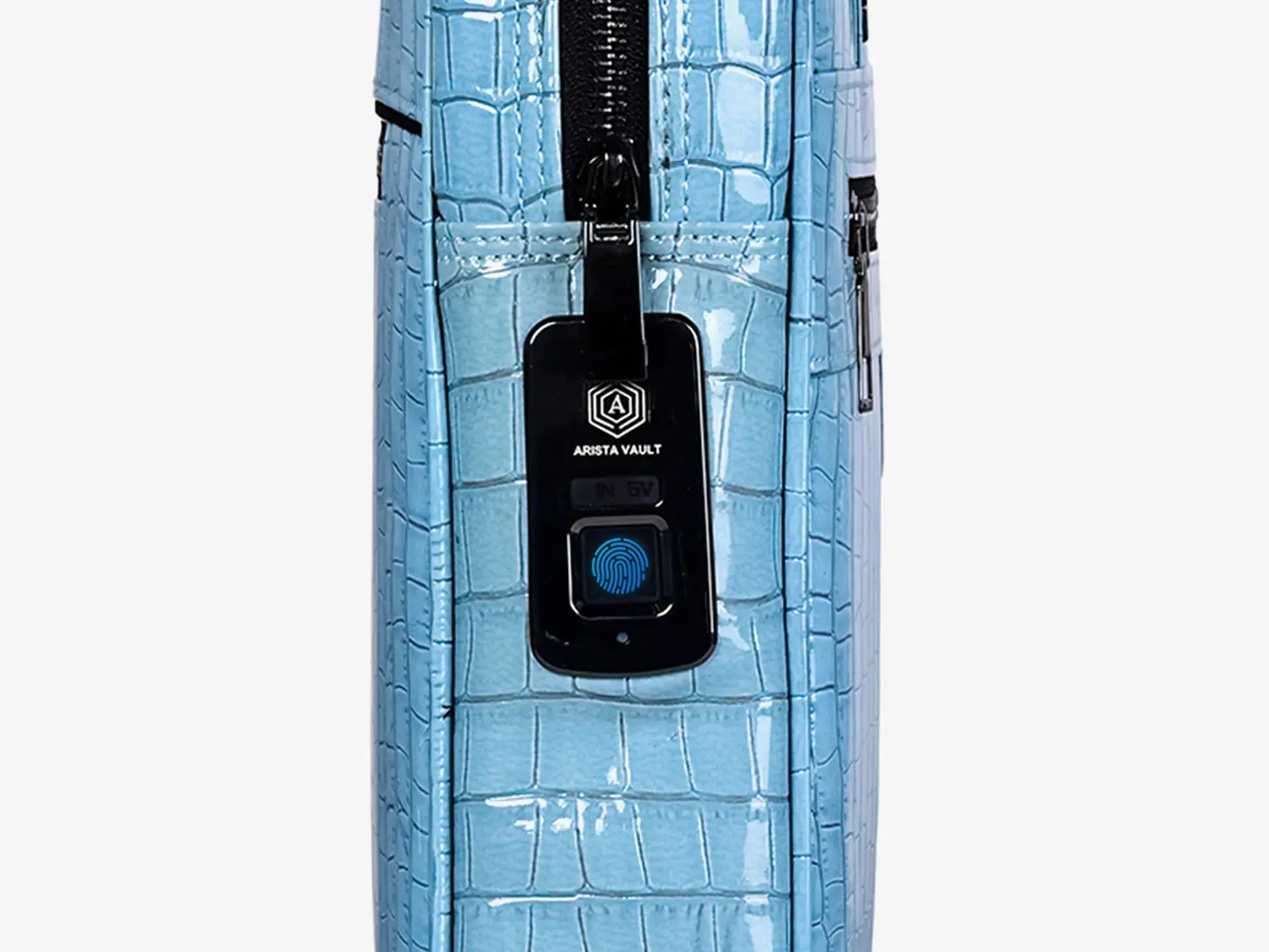 Side Profile of Sky Blue Croc Textured Bag Showing Elegant Design and Shoulder Strap