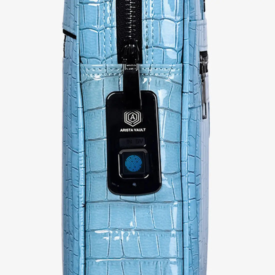 Side Profile of Sky Blue Croc Textured Bag Showing Elegant Design and Shoulder Strap