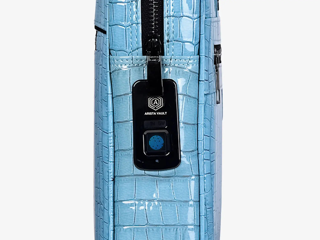 Side Profile of Sky Blue Croc Textured Bag Showing Elegant Design and Shoulder Strap