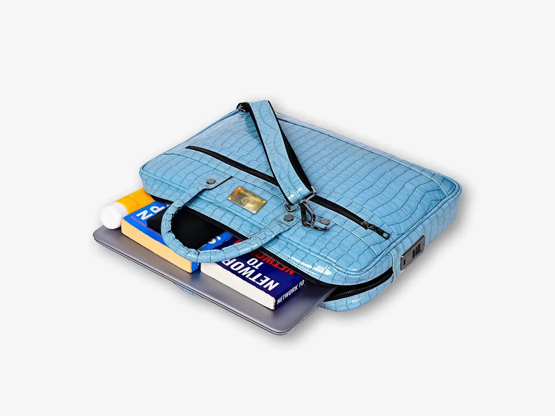 Inside View of Sky Blue Croc Textured Laptop Bag with Multiple Storage Sections