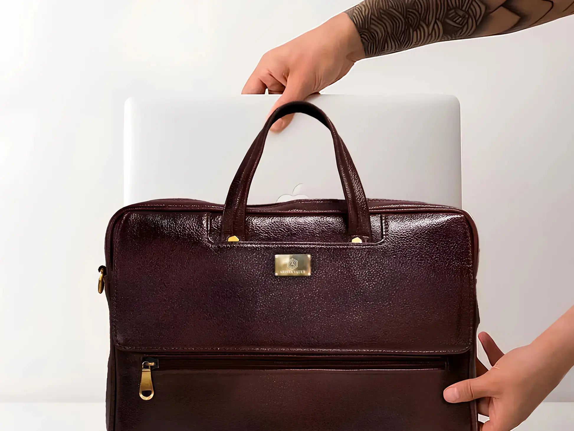 Business Executive Using Brown Fingerlock Leather Bag in Office Setting with Biometric Security