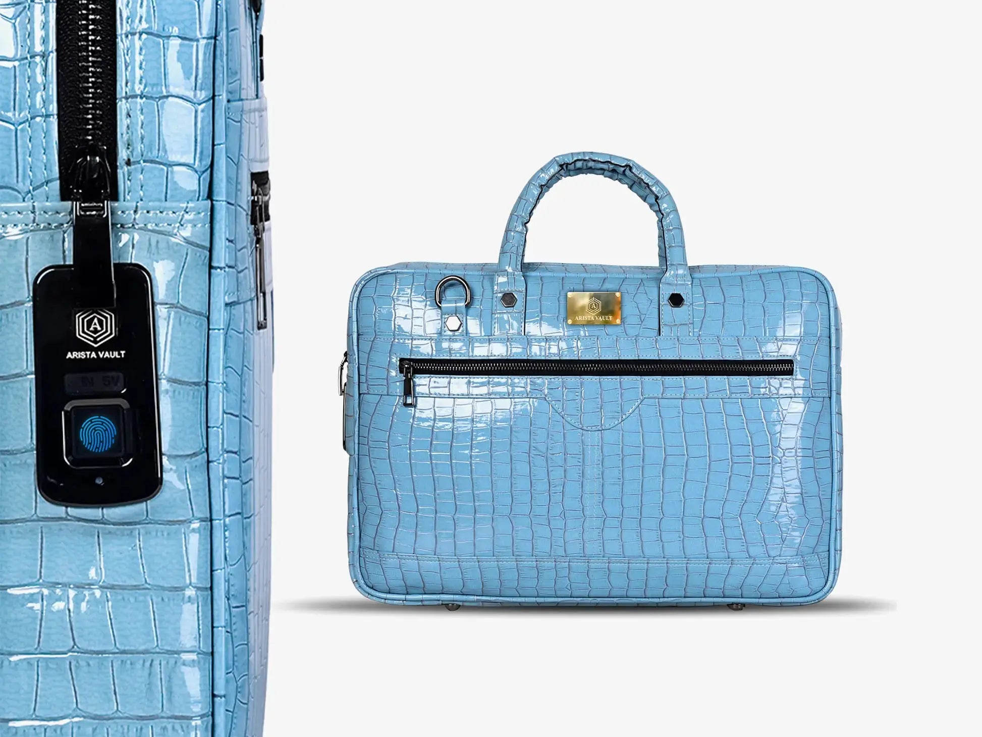 Close-up of Fingerprint Scanner on Sky Blue Croc Patterned Laptop Bag