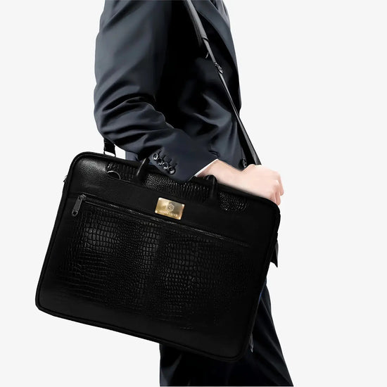 Close-up of Fingerprint Scanner on Black Croc Leather Bag with Rechargeable Battery System