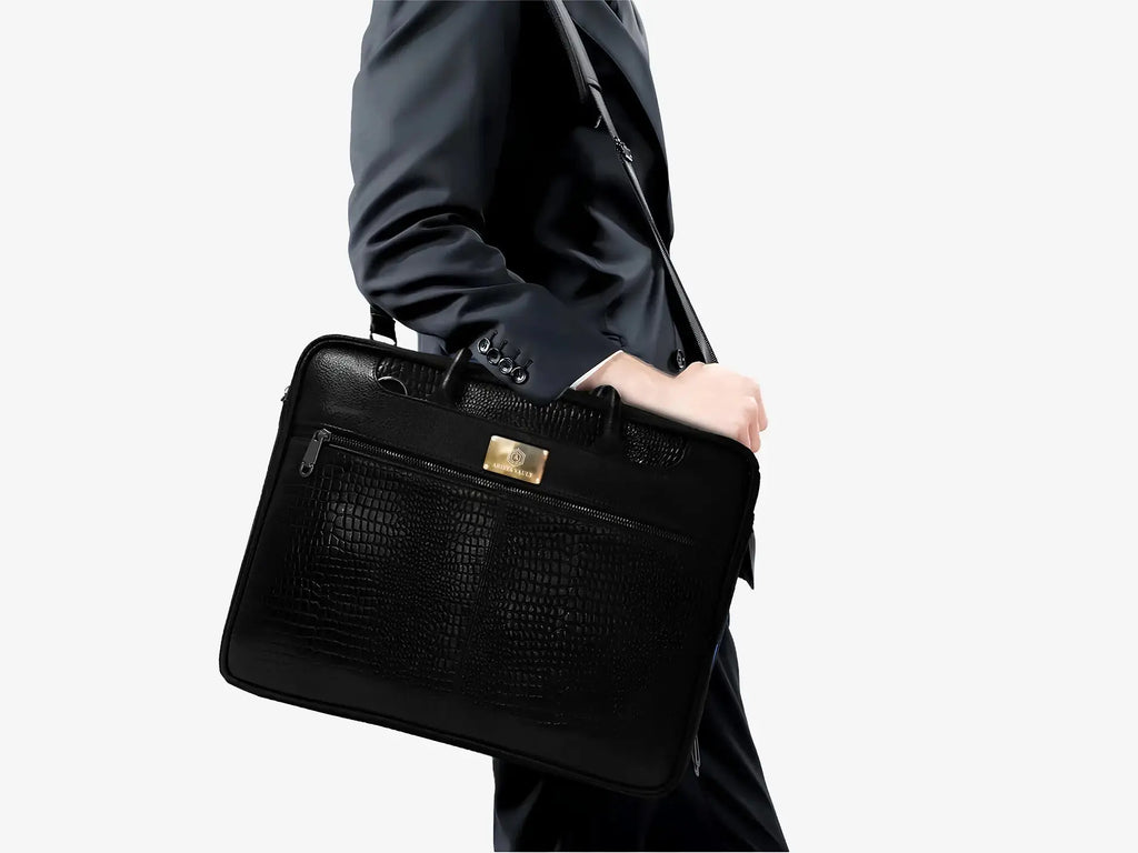 Close-up of Fingerprint Scanner on Black Croc Leather Bag with Rechargeable Battery System