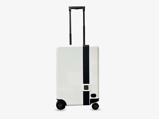 White Smart Suitcase with Auto-Follow Technology and Rideable Mobility Features for Travelers