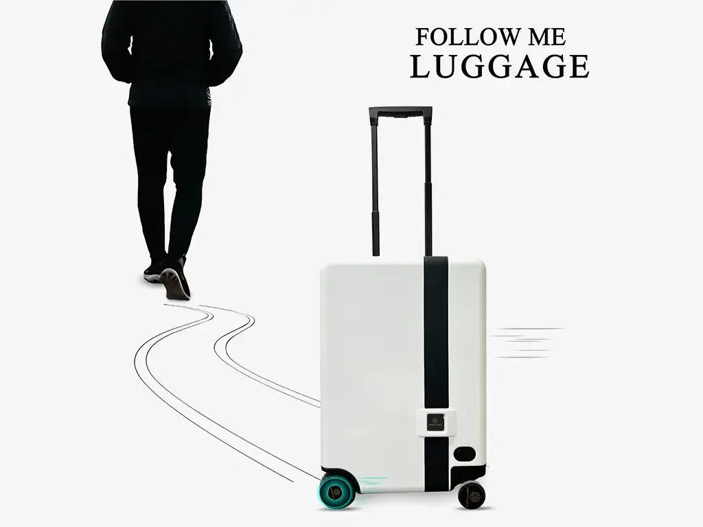Side View of White Smart Luggage with Auto-Follow Sensors and Built-in Power Bank