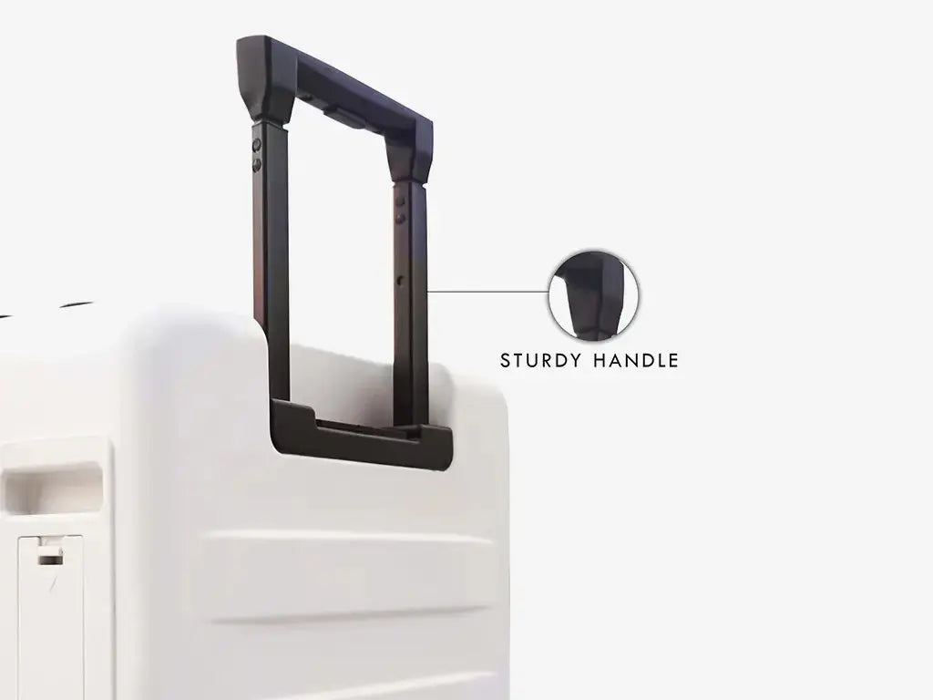 Side View of White Smart Luggage with Auto-Follow Sensors and Built-in Power Bank