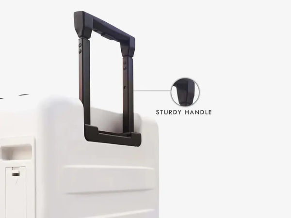 Side View of White Smart Luggage with Auto-Follow Sensors and Built-in Power Bank