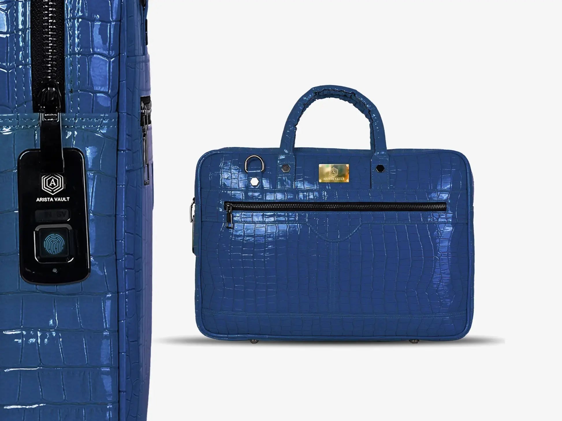 Close-up of Fingerprint Scanner on Royal Blue Croc Textured Luxury Laptop Bag