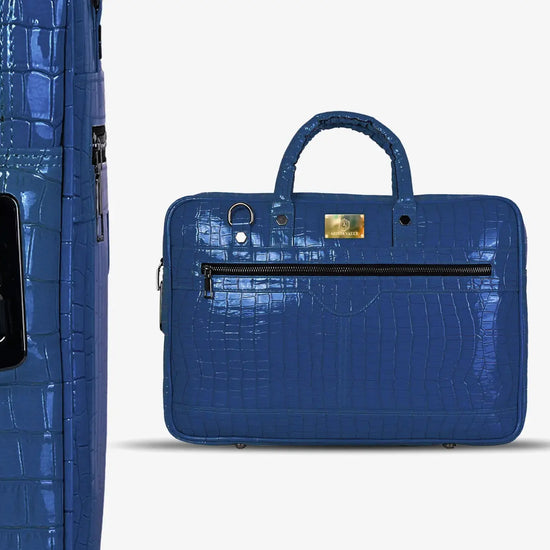 Close-up of Fingerprint Scanner on Royal Blue Croc Textured Luxury Laptop Bag