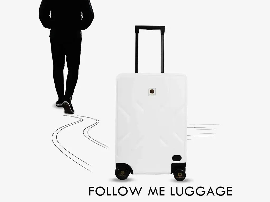 Side Profile of White Jarviz Luggage Showing Sleek Design and Smart Sensors