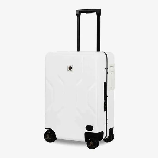 White Jarviz Auto-Following Luggage with AI Motion Detection and Rideable Functionality