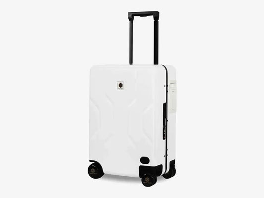 White Jarviz Auto-Following Luggage with AI Motion Detection and Rideable Functionality