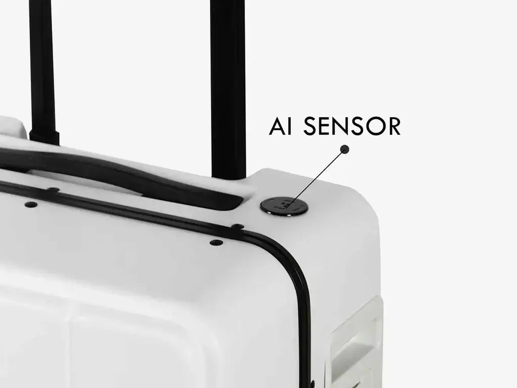 Side View of White Jarviz Luggage Showing Auto-Follow Sensors and Sleek Modern Design