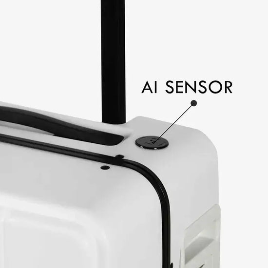Side View of White Jarviz Luggage Showing Auto-Follow Sensors and Sleek Modern Design