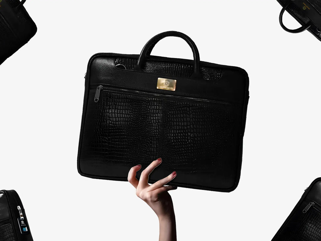 Executive Using Black Croc Textured Leather Bag with Fingerprint Security During Business Travel