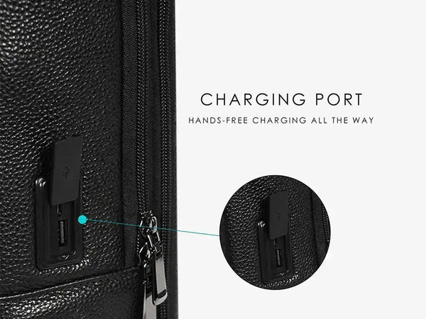 Close-up of Biometric Scanner on Black Leather Backpack with Rechargeable Battery System