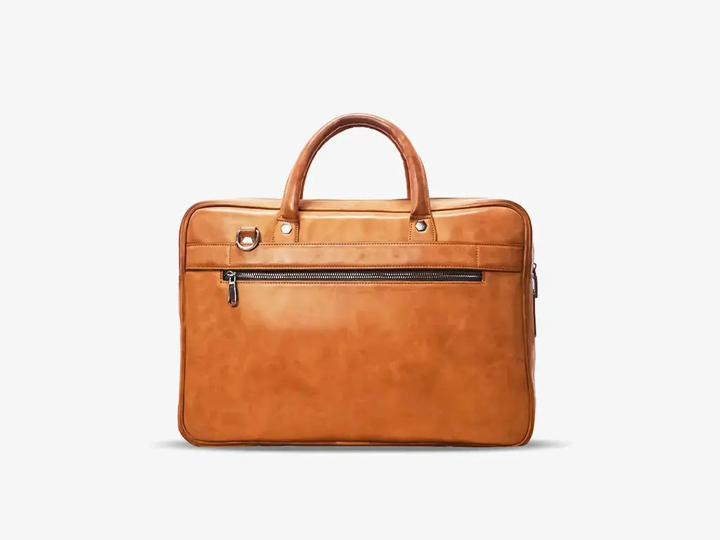 Inside View of Tan ZenMatte Laptop Bag Showing Multiple Compartments and Laptop Sleeve