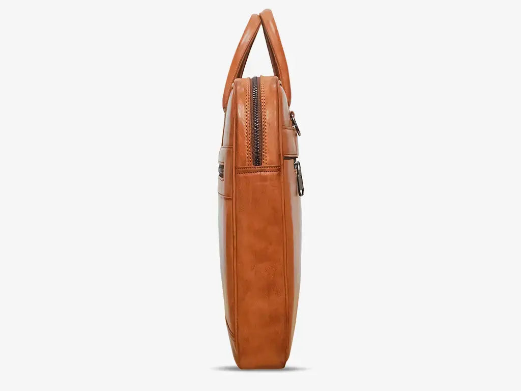 Inside View of Tan ZenMatte Laptop Bag Showing Multiple Compartments and Laptop Sleeve
