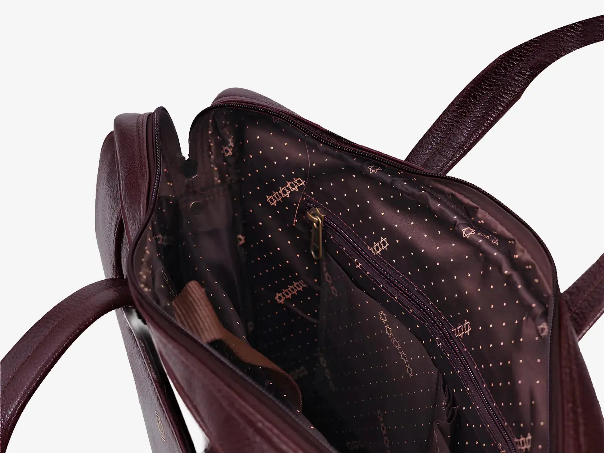 Interior View of Brown Fingerlock Leather Bag with Laptop Compartment and Document Stora