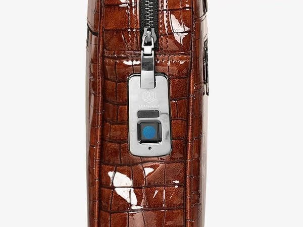 Side View of  Brown Croc Embossed Laptop Bag with Business-Ready Design