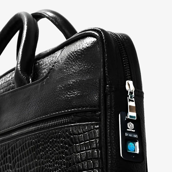 Inside View of Croc Textured Black Leather Bag with Laptop Compartment and Accessory Pockets