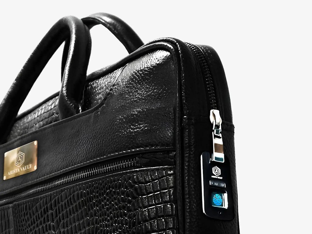 Inside View of Croc Textured Black Leather Bag with Laptop Compartment and Accessory Pockets
