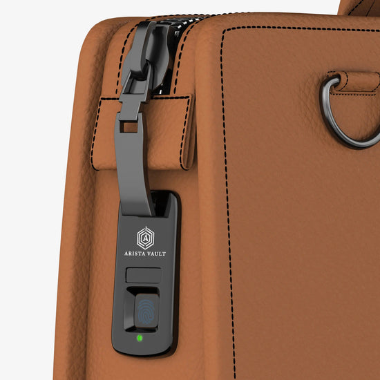Side View of Tan Techbag Fingerlock Showing Ergonomic Design and Tech-Friendly Features
