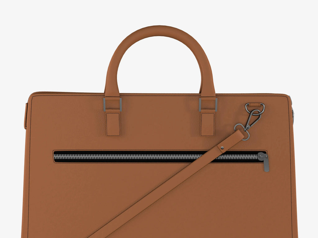 Professional Using Tan Techbag Fingerlock During Commute with Multiple Devices Securely Stored