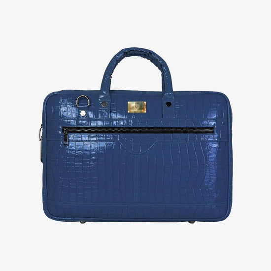 Luxury Royal Blue Croc Pattern Laptop Bag with Biometric Lock for Executives