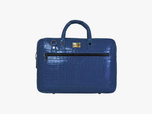 Luxury Royal Blue Croc Pattern Laptop Bag with Biometric Lock for Executives