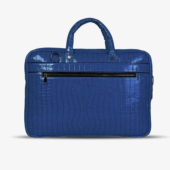 Close-up of Fingerprint Scanner on Royal Blue Croc Textured Luxury Laptop Ba