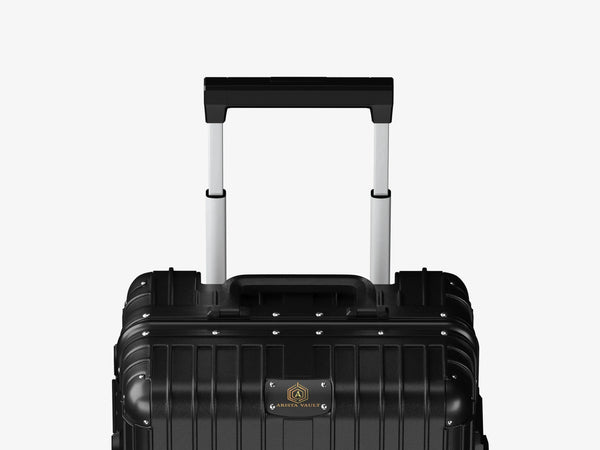Business Professional Using Black Smart Aviator Luggage with Biometric Security at Airport