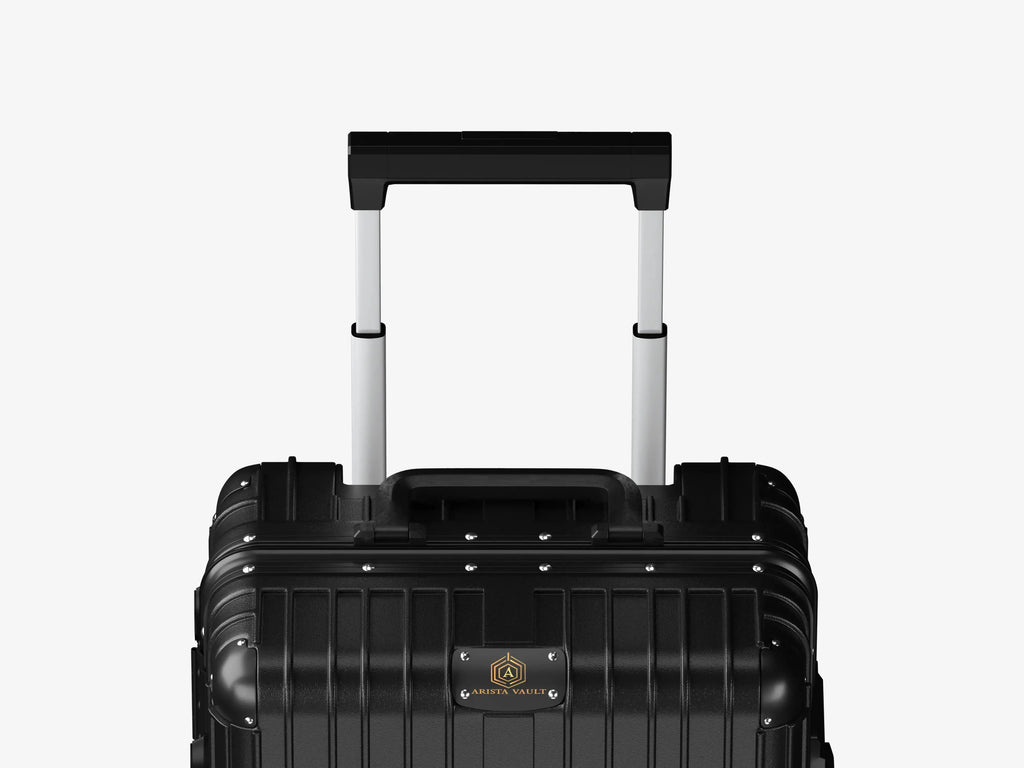 Business Professional Using Black Smart Aviator Luggage with Biometric Security at Airport