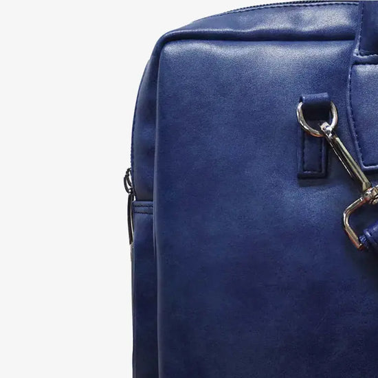 Front View of Blue SleekFit Fingerlock Bag Showing Premium Vegan Leather and Secure Hardware