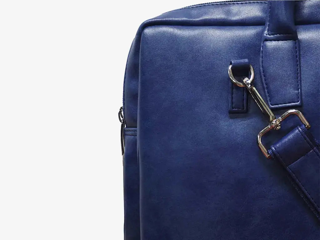 Front View of Blue SleekFit Fingerlock Bag Showing Premium Vegan Leather and Secure Hardware