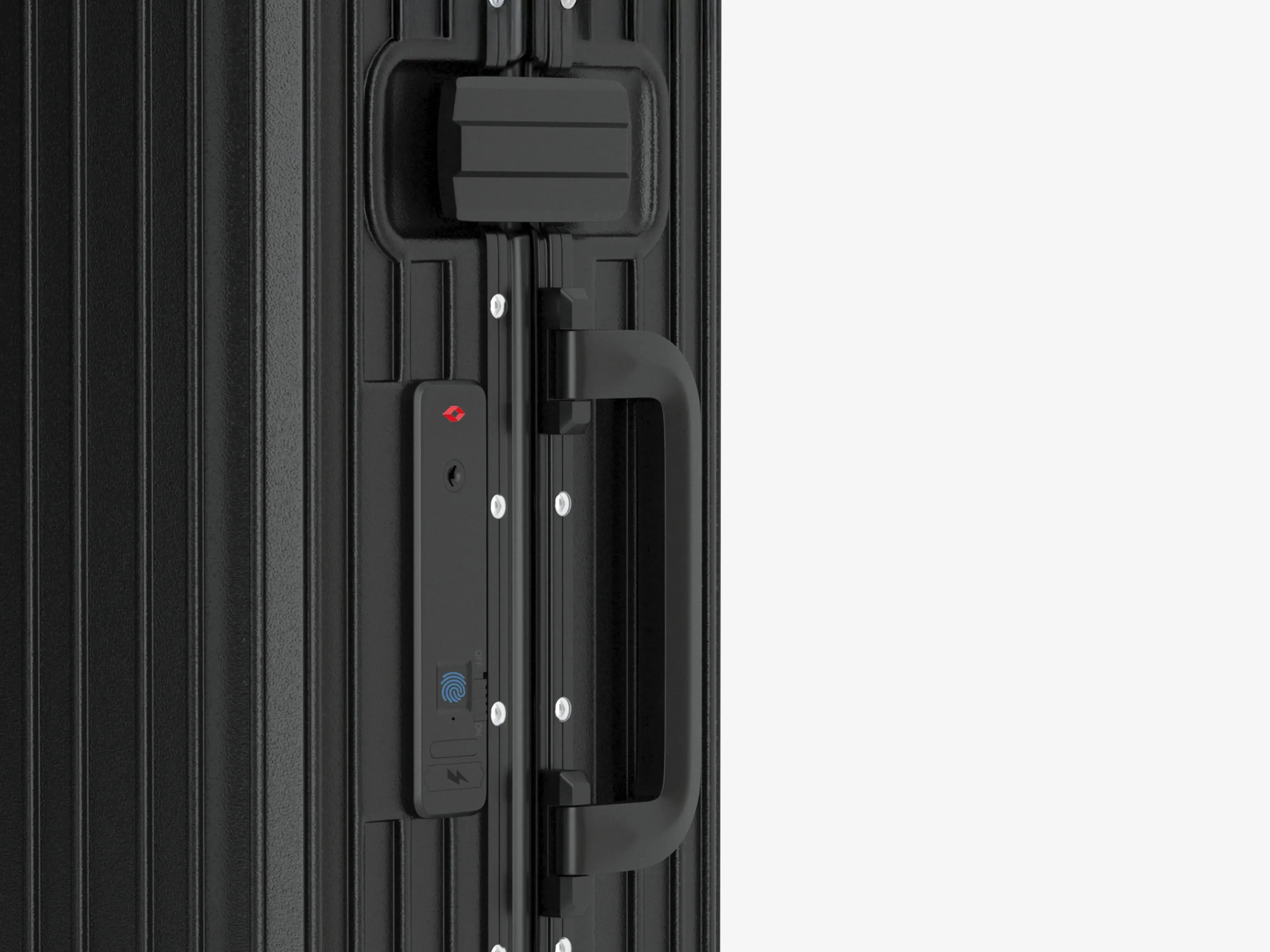 Side View of Black Smart Aviator Luggage with TSA-Approved Locks and Fingerprint Security