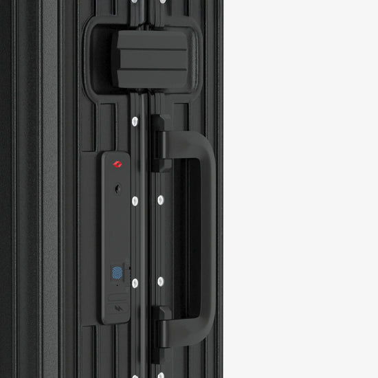 Side View of Black Smart Aviator Luggage with TSA-Approved Locks and Fingerprint Security