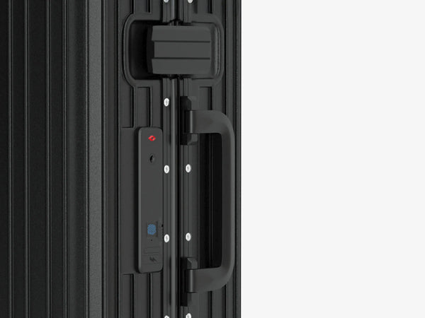 Side View of Black Smart Aviator Luggage with TSA-Approved Locks and Fingerprint Security