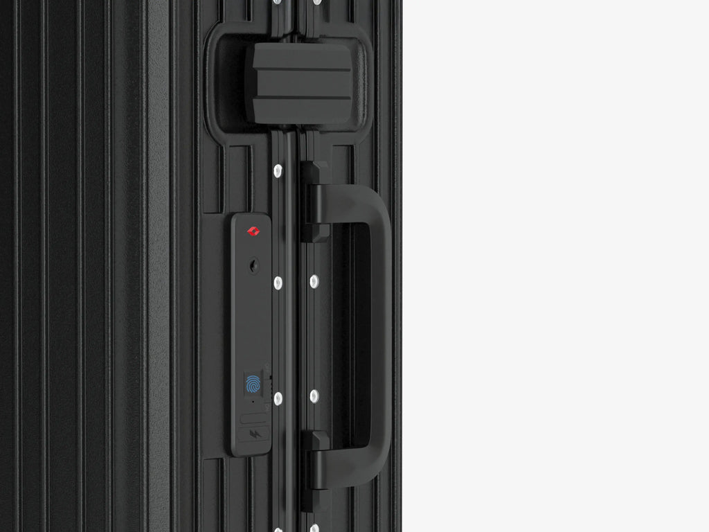 Side View of Black Smart Aviator Luggage with TSA-Approved Locks and Fingerprint Security