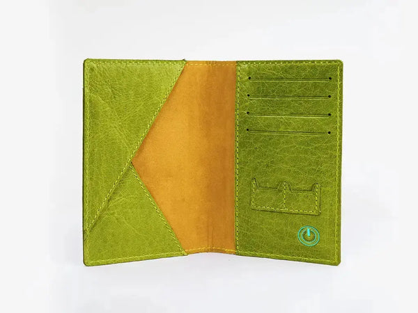Inside View of Green Passport Holder Showing Passport Pocket, Card Slots and Smart Technology