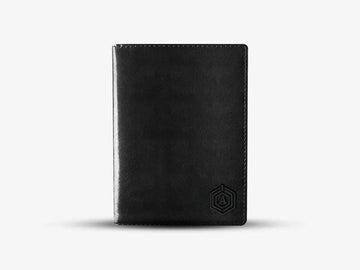 Black Leather Smart Passport Holder with Bluetooth Tracking and RFID Protection Technology