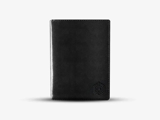 Black Leather Smart Passport Holder with Bluetooth Tracking and RFID Protection Technology