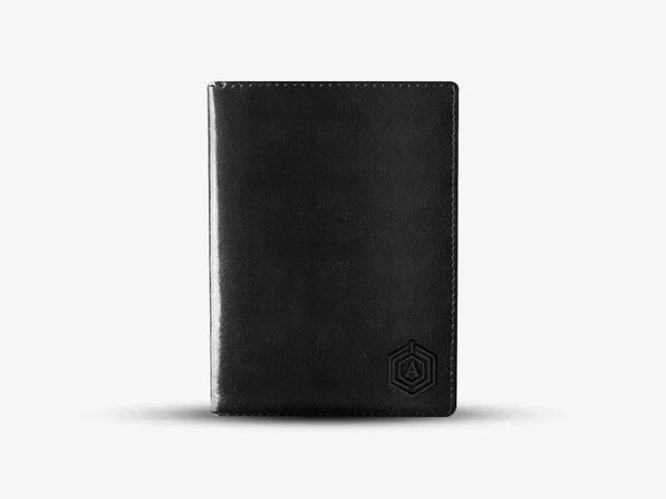 Black Leather Smart Passport Holder with Bluetooth Tracking and RFID Protection Technology